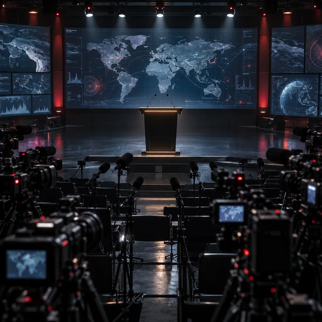 An empty press room before a statement, cameras ready